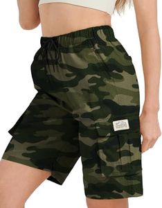 XinYangNi Cargo Shorts for Women Casual Relaxed Comfy Hiking Shorts with Multi Pockets Lightweight Knee Length Green Camo US 20-22