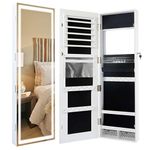 Becko Wooden Jewelry Armoire Jewelry Cabinet with LED Mirror outside and inside, Jewelry Organizer Cabinet, Lockable Jewelry Armoire Organizer, LED Lights, Large Storage, Wall/Door Mounted (White)