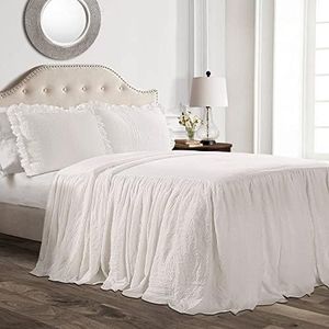 Lush Decor Ruffle Skirt Bedspread Set - 3 Piece Luxurious Farmhouse Bedding Set - Elegant, Charming Ruffle Detail - Timeless Style & Classic Design - Soft and Lightweight - Queen, White