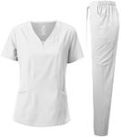 Dagacci Medical Uniform Women's Scrubs Set 4-Way Stretch Split Contrast Net and Pocket (Medium, White)