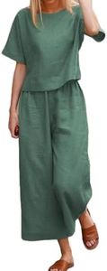 Women's Cotton Linen Two Piece Summer Loose Oversize Outfits Solid Color Casual Half Sleeve Crew Neck Top Wide Leg Pants Set (Dark Green-Short Sleeve, Large)