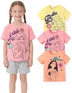 Disney Princess Belle Moana Ariel Girls 3-Pack Graphic T Shirts Summer Short Sleeve Tee Tops for Little Girls Character Printed Crewneck Shirts 8-9 Years