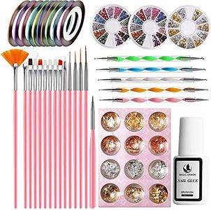 MAGIC ARMOR 46pcs Nail Art Tool Nail Pen Designer with 15pcs Nail Painting Brushes, Nail Dotting Tool, Nail Foil, Manicure Tape, Nail Diamonds Color Rhinestones for Professional Nail Art Design Kit