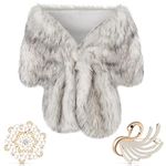 Faux Fur Shawl Wrap Stole Shrug Winter Bridal Wedding Scarf Wrap with Faux Pearl Rhinestone Brooches for Women 1920s (Gray White, Medium, Long Hair)