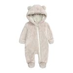 Newborn Baby Girl Boy Bear Ear Snowsuit Long Sleeve Hoodie One Piece Jumpsuit Winter Warm Romper Zip Up Bodysuit, Size 3, Beige, 0-3 Months