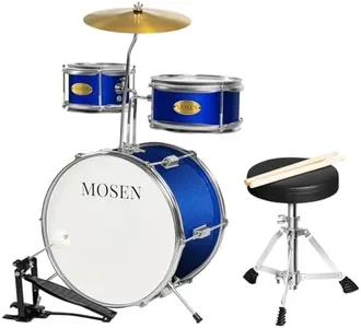 MOSEN Drum Set 3-Piece Beginner Drum Set Junior Drum Kit with Adjustable Throne, Cymbal, Pedal & Drumsticks Drums with Bass Tom Snare Drum - Blue