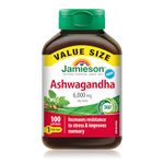 Jamieson High-Potency Ashwagandha 6,000 mg, Increases Resistance to Stress, Adaptogen, and Enhances Memory. Non-GMO, Vegetarian, Gluten-Free, Only One Per Day, Value Size, 100 Capsules