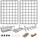 2 Pack Wire Wall Grid Panel With Accessories | Includes Hanging Basket, Shelf & Hook Rack | Complete Set | Wire Notice Board | Hanging Home, Office & Kitchen Décor | Photo Board | Metal & Black