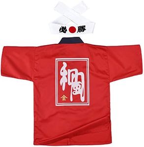 Japanese Sushi Chef Coat Uniforms Kimono for Unisex wafu White Certain Victory Headband(Red L)