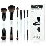 Jessup Makeup Brush Set 6pcs Double Sided Makeup Brushes Foundation Contour Blush Highlight Blending Eyebrow Brush Eyeshadow Brush, Vegan Fiber Make up Brush Bright Cyan T501