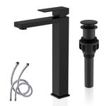 KENES Matte Black Bathroom Faucet Single Handle Tall Vessel Sink Faucet Vanity Bathroom Faucet Basin Mixer Tap with Water Supply Hose and Pop Up Sink Drain, KE-9031A-2