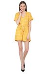 NUEVOSDAMAS Women's Summer V Neck Jumpsuits Casual Half Sleeves Romper Button Up Front Tie Knot Floral Printed Short Jumpsuit Rompers Playsuits Yellow