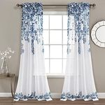 Lush Decor Tanisha Curtains - Sheer Window Panel Set - Floral Vine Print, Beautiful, Modern, Elegant Home Decor - 38" W x 84" L, Navy & White