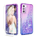 Elegant Choise Case for Galaxy S21 Plus Liquid Glittery with Glass Screen and Camera Lens Protector for Girls Women, Flowing Floating Bling Sparkling Shiny Crystal Phone Case Cover(Purple)