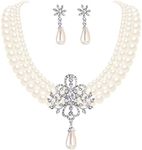 EleQueen Women's Silver-Tone Ivory Simulated Pearl Crystal Victorian Style Statement Necklace Earrings Bridal Wedding Sets