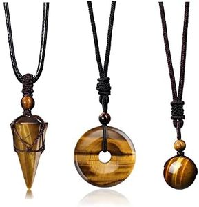 Jovivi 3 Pcs Healing Crystal Stone Necklaces Set for Men Women Natural Amethyst Black Obsidian Tiger Eye Gemstone Hexagonal Bead Donut Necklace Adjustable Rope Quartz Crystal Chakra Pendant Jewelry