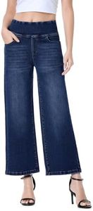 Chasehot Wide Leg Cropped Jeans for Women, Pull on Elastic Waist Stretchy Capris Ankle Petite Pants Dark Indigo-L