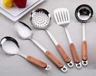 Naidev 5 Piece Kitchen Cooking Stainless Steel Utensils Set Wooden Handle Cooking Tools Gadgets Spatula Set with Hook,Ladle,Slotted Turner,Slotted Skimmer,Rice Spoon and Cooking Spoon