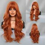 KAMIMASU Long Curly Red Brown Wig with Air Bangs Auburn Hair Copper Red Synthetic Wig Full Machine Made No Lace Heat Resistant Fiber Ginger Orange Wigs for Women, Drag Queen Cosplay 28 Inches