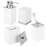 mDesign 4-Piece Set of Bathroom Accessories — Toothbrush Holder, Soap Dispenser, Storage Box and Bathroom Tumbler — Bathroom Storage Made of Strong Plastic — White/Chrome