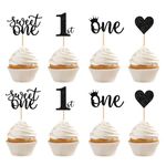 24 PCS 1st Birthday Cupcake Toppers Glitter Sweet One Cupcake Picks for First Birthday Party Baby Shower Cupcake Decorations Supplies Black