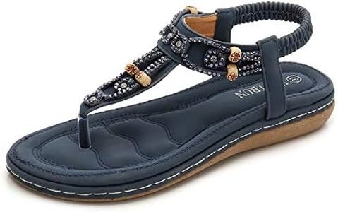 ZOEREA Femmes Eté Sandales Plates Casual T-Strap Strass Bohême Tongs Elegant Confort Plat Chaussures de Plage Vacances (Étiquette 39=38 EU, Bleu Foncé)