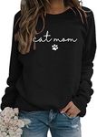 Kisswow Womens Cat Mom Shirts Long Sleeve Cute Graphic Tees Cat Mama Sweatshirt, L-cat Mom 01 Black, Medium