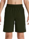 DEVOROPA Youth Boys Athletic Running Shorts Lightweight Quick Dry Sports Workout Gym Hiking Shorts Zip Pockets UPF 50+ Army Green XS