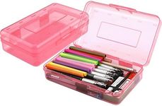 Pencil Box, Large Capacity Clear Pencil Case, 1 Pack Hard Pencil Case, Clear Crayon Box with Snap-tight Lid Stackable Design, Plastic Storage Box for Office Supplies, Pink