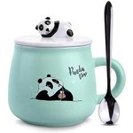 Potency Cute Panda Mug Gifts Kawaii Cup Panda Coffee Mugs with Lid & Spoon Panda Print Stuff Kitchen Decor 400ml Ceramic Tea Coffee Mugs Birthday Gifts for Women Men Girls Panda Lovers (Green, 1PCS)