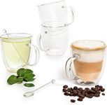 Moss & Stone Set of 4 Double Wall Glass Cup Clear Mug, Double Walled Coffee Mugs 7.4 Oz, Glass Tea Mugs, Insulated Coffee Mug with Handle & 2 Glass Spoons