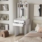 YOURLITE Dressing Table with LED Lights, Vanity Table with Adjustable Brightness Mirror, Makeup Desk with 2 Drawers and Open shelves, White Dressing Table with Fold-up Panel for Bedroom