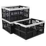 Ikando 3 Packs 30 L Black Foldable Crate, Plastic Collapsible Storage Box, Stack Folding Crates Basket