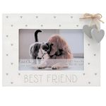 Pet Photo Frame for Dog, Cat or Other Pet - White Frame with The Wording 'Best Friend' & Two Grey Hanging Hearts on a Bow - 6'' x 4''