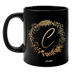 FirseBUY Design Letters Personal Ceramic Cup Black (C) - Alphabet Floral Coffee Cup/Letter Mug, Decorative Mug, Gift for Women, Men, Friends and Family 11 oz