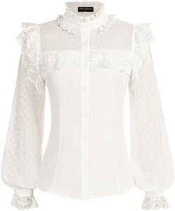 SCARLET DARKNESS Blusa victoriana de manga larga elegante de encaje para mujer, túnica de verano, Blanco, S