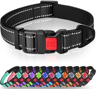 Taglory Reflective Nylon Dog Collar with Safety Buckle, Adjustable Padded Pet Collar for Medium Dogs, Soft Neoprene Comfort, Night Walking Safety, Heavy Duty Metal D-Ring, Black