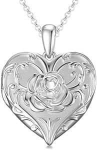 SOULMEET Real 10k 14k 18k White Gold Flower Rose Locket Necklace That Holds 2 Pictures Personalized Letters Engraved Custom Image Locket (Custom photo & text)
