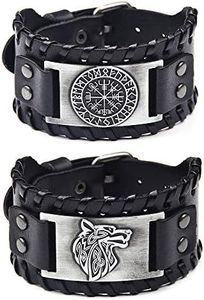 TURTLEDOVE 2 Piece Viking Bracelets - Viking Wolf Fenrir - Norse Vegvisir Scandinavian Amulet, Leather