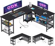 ODK L Shaped Gaming Desk, 168 X 120 cm Reversible Computer Desk with 2 Sockets and 2 USB Charging Ports, Corner Desks with Storage, Gaming Table Carbon Fiber Black