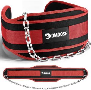 DMoose Fitness Dip Belt for Weight Lifting, Pullup, Squats & Dips - 36" Robust Steel Chain & Comfortable Neoprene Padding Supports 350lbs, Gym Weight Belt for Strength Training Workout (Red)
