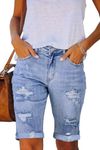 Necooer Women's Stretchy Bermuda Denim Shorts Casual Stretchy Rolled Hem Distressed Plus Size Jean Shorts Ripped (XX-Large,A-Light Blue)