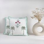 HOMEMONDE Soft Cushion Cover - 16 X 16 Inches Premium Cotton Green Floral Hand Block Printed Couch Pillow Cover Pack Of 1, 300 TC