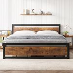 GarveeHome King Size Bed Frame, Industrial King Bed Platform with Headboard No Box Spring Needed, 14 Inch Easy Assemble King Mattress Bedframe, Retro Brown