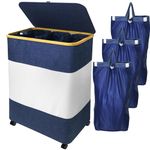 Sinimaka 150L Laundry Hamper 3 Section, Large Divided Laundry Basket with Wheels and Lid, Tall Dirty Clothes Hamper with Bamboo Handles and 3 Removable Bag for Bedroom, College Dorm, Bathroom, Blue