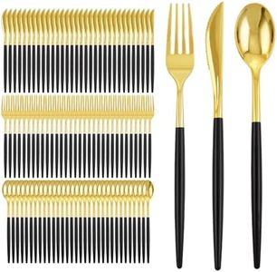 I00000 300Pcs Black Plastic Silverware, Happy New Year Gold Disposable Silverware, Black and Gold Plastic Utensils Include 100 Forks 100 Knives 100 Spoons,Disposable Cutlery for Wedding