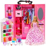 Barwa Fashion Doll Closet Lot 108 Items for 11.5 Inch Girl Doll Including 1 Wardrobe 16 Clothes Dresses and 90 Pcs Variety Accessories Shoe Rack, Shoes, Hangers, Necklaces etc.