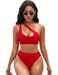 NAFLEAP One Shoulder Cutout Bikini Set for Women High Waisted Bottom Swimsuit Two Piece Bathing Suit, 1-red, Small