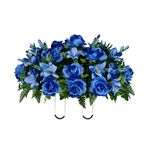 Sympathy Silks 30" Headstone Flower Saddle Artificial Cemetery Flowers - Gravesite Flowers - Blue Gladiolus Roses, Lilies