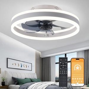 15.7" Ceiling Fan Light Fixture, Semi-enclosed Flush Mount Low Profile Ceiling Fan for Safe Use, 6 Speeds, Reversible, LED Dimmable, 3 Color Temperature Optional, DC Motor,with Remote